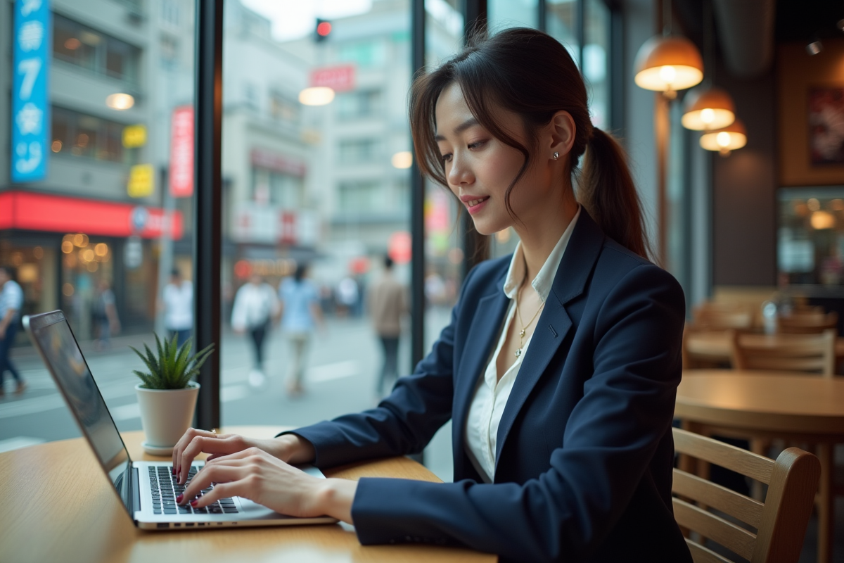 Jeune femme travaillant sur son ordinateur dans un café tokyoïte animé
