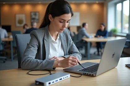 Femme en bureau branchant un câble USB-C sur un laptop avec un hub USB-A posé à côté sur le bureau