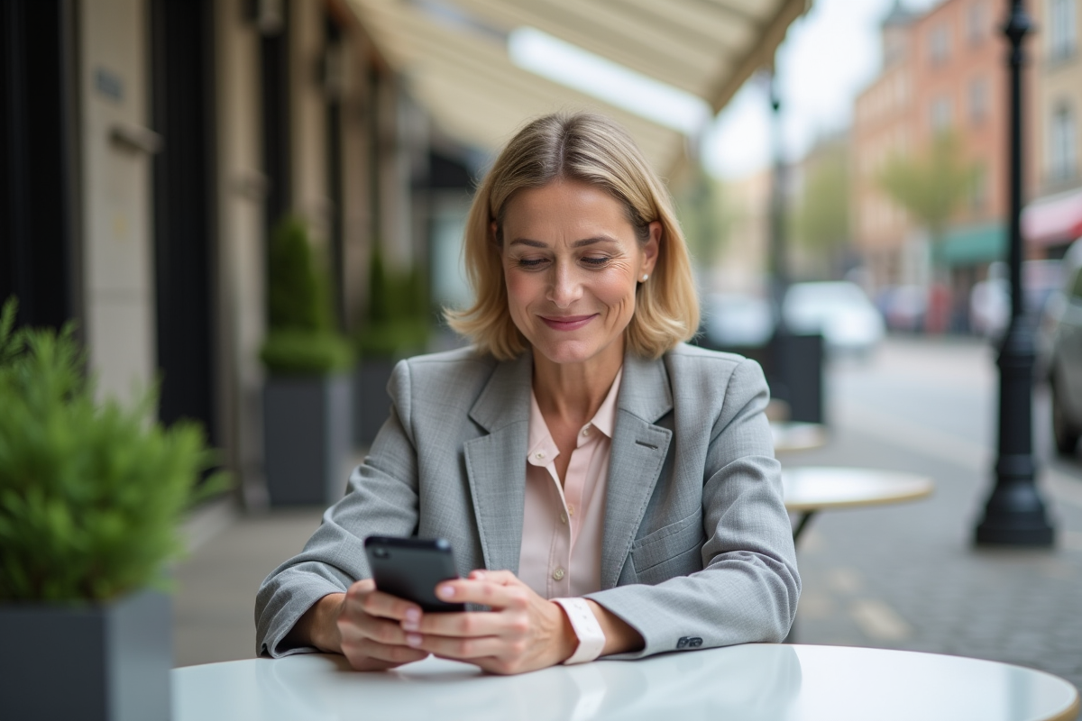 Femme d age moyen utilisant son smartphone dans un cafe en ville
