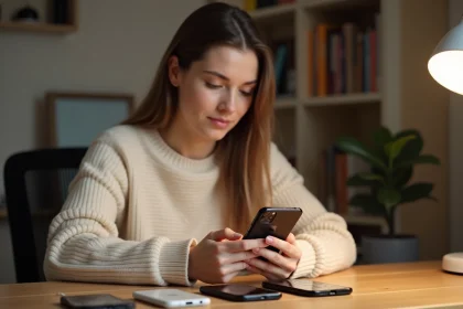 Jeune femme consultant le site iphone-generation.fr pour choisir des accessoires iPhone à son bureau