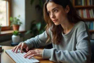 Femme regardant attentivement un clavier AZERTY pour localiser les touches crochets et accolades