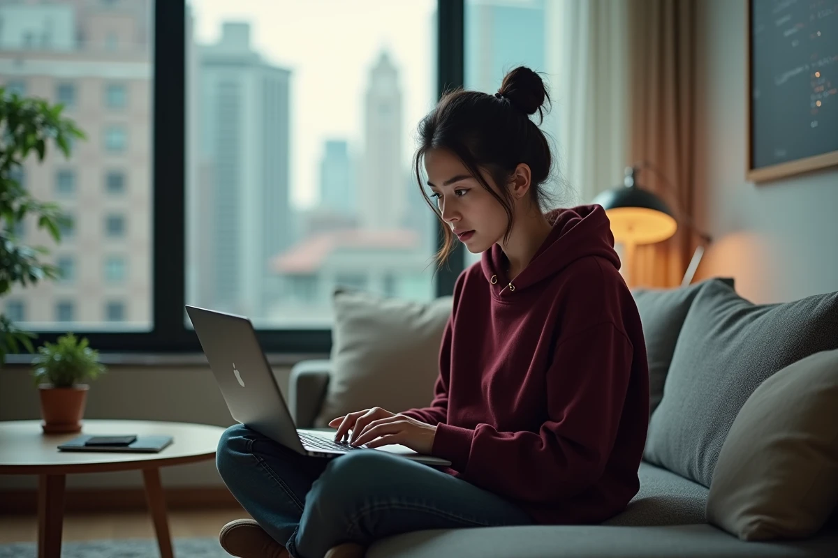 Femme consultant une liste de sites miroirs et domaines alternatifs sur son ordinateur portable dans un appartement urbain