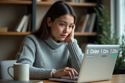 Jeune femme consultant des informations sur la conversion Go en Mo sur un ordinateur portable dans un bureau à domicile moderne