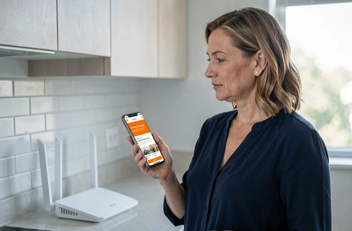 Femme cherchant une solution sur son téléphone pour réparer la connexion de sa Livebox clignotante