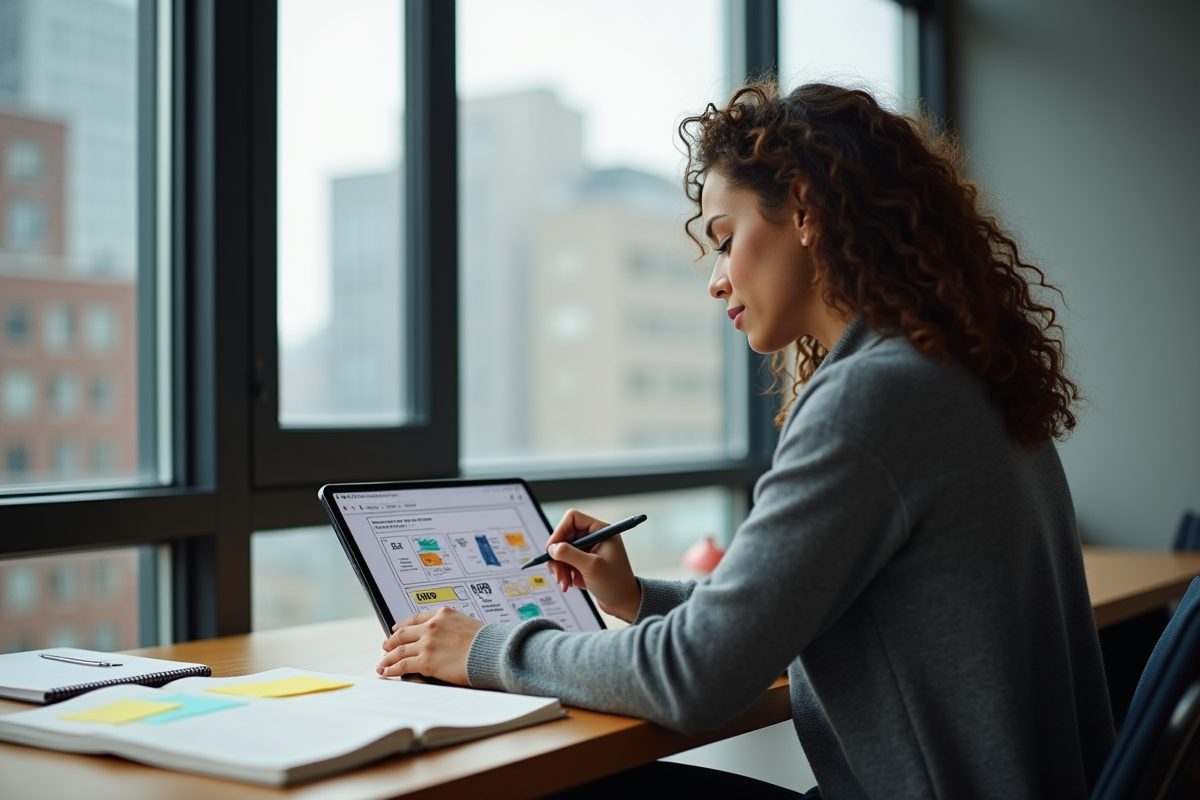 Jeune femme esquissant une carte d