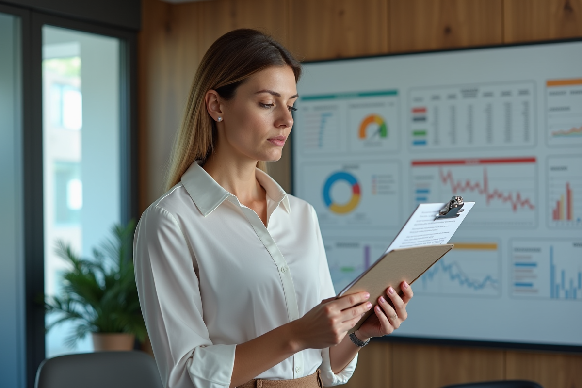 Femme en business casual examine un rapport SEO imprimé