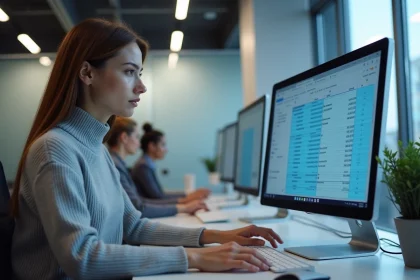 Femme utilisant Excel sur un double écran pour figer des cellules dans une feuille de calcul