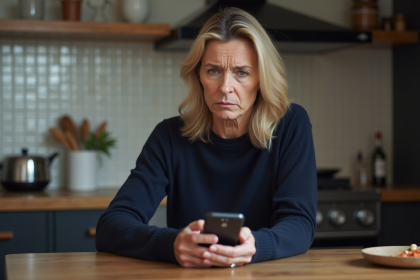 Femme inquiète regardant son smartphone avec identifiant suspect