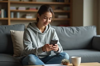 Jeune femme lisant un PDF sur un smartphone Android depuis son canapé