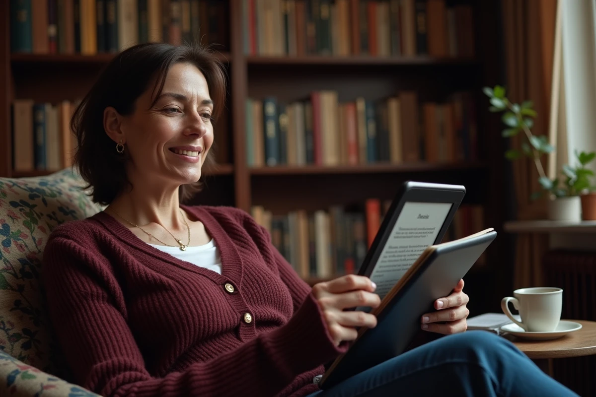 Femme lisant un PDF sur une tablette Android dans une bibliothèque confortable