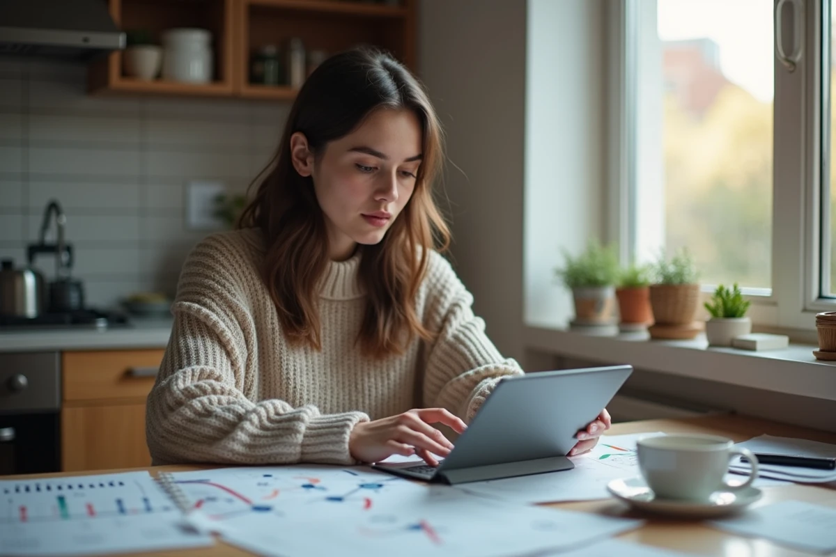 Femme lisant des documents avec une tablette dans la cuisine