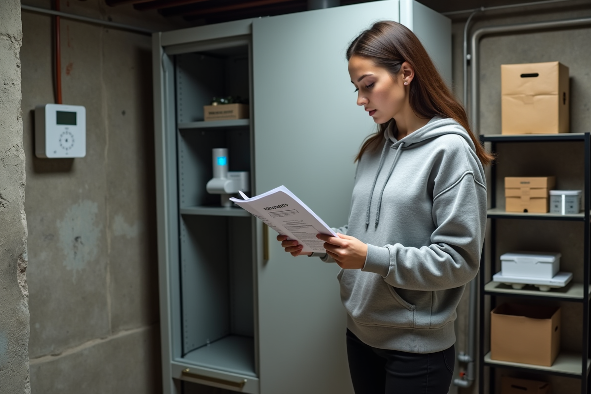 Jeune femme lisant manuel de securite dans le soussol