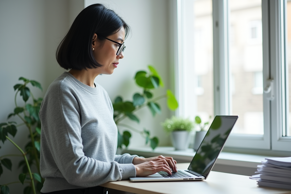 Femme organisée avec ordinateur et dossiers