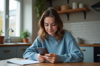Jeune femme organise ses tâches sur smartphone dans une cuisine moderne