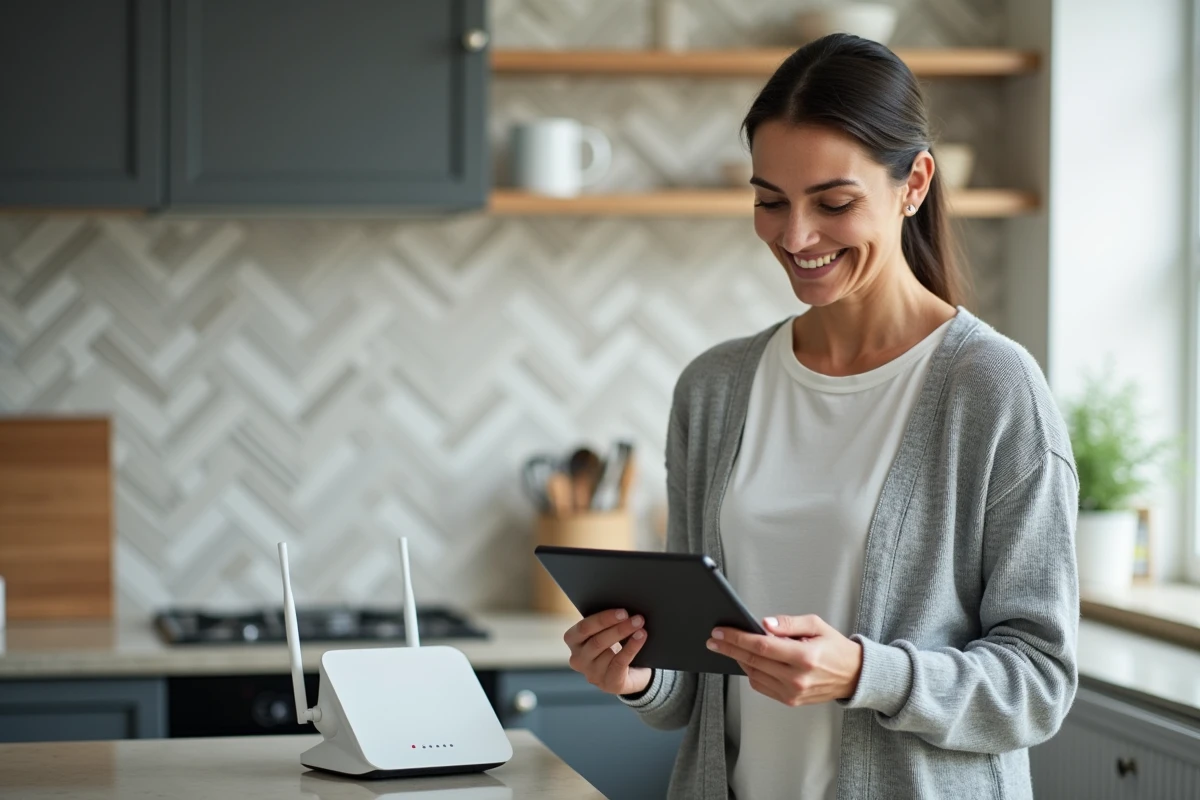 Femme ajuste son réseau WiFi avec une tablette dans la cuisine