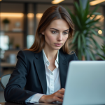 Jeune femme en blazer analysant des données marketing sur son ordinateur