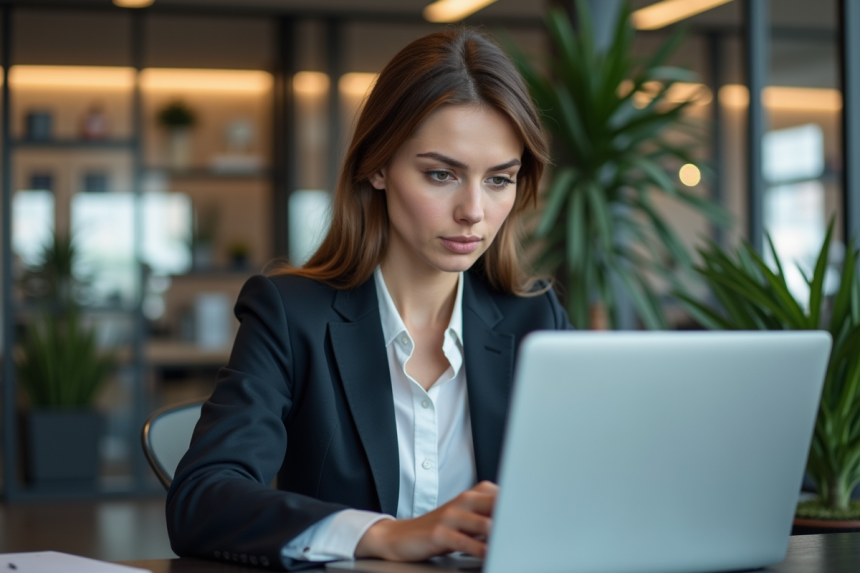 Jeune femme en blazer analysant des données marketing sur son ordinateur