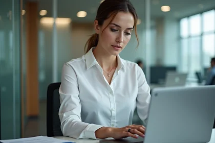 Femme professionnelle travaillant sur un ordinateur dans un bureau moderne