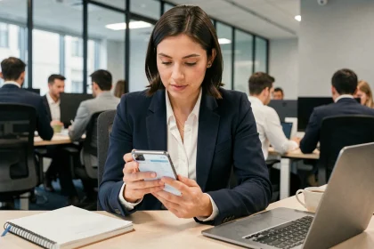 Femme professionnelle utilisant un Samsung Galaxy S23 pour consulter des données au bureau dans un open space moderne