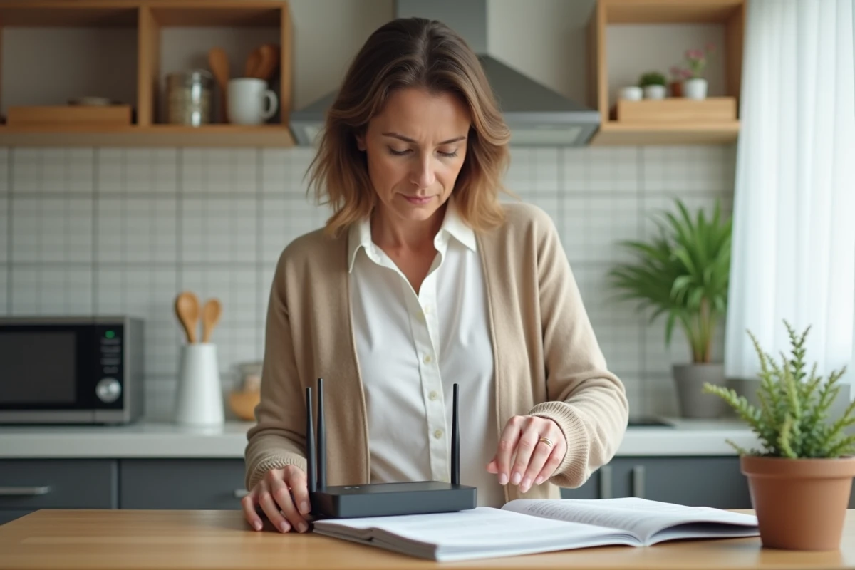 Femme ajustant un routeur sans fil dans la cuisine