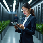 Femme d affaires dans un centre de données moderne