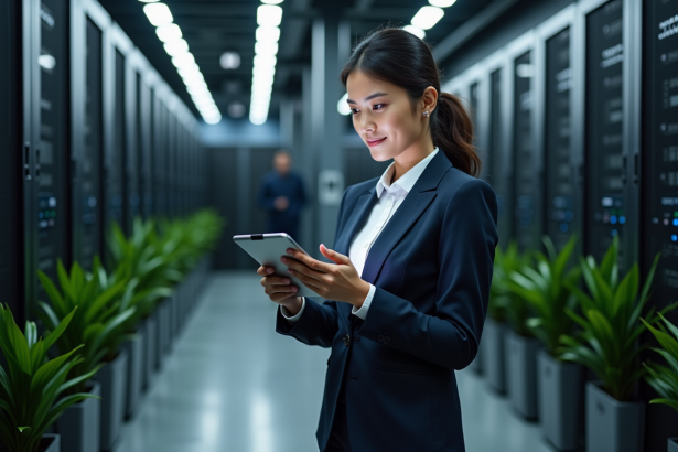 Femme d affaires dans un centre de données moderne