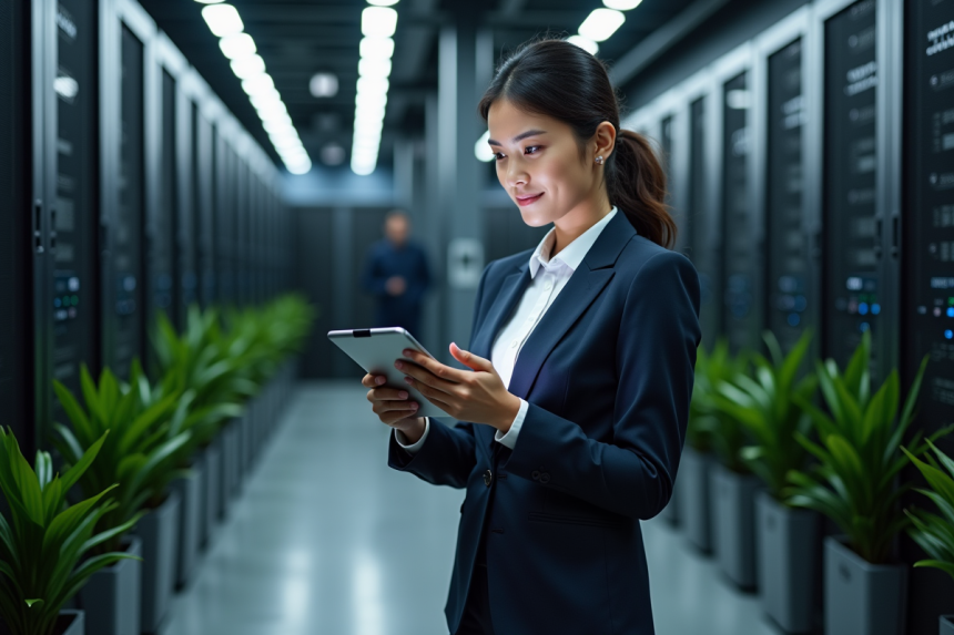 Femme d affaires dans un centre de données moderne