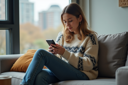 Femme détendue dans un salon moderne utilisant son smartphone