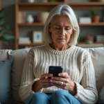 Femme assise sur un canapé regardant son smartphone avec frustration