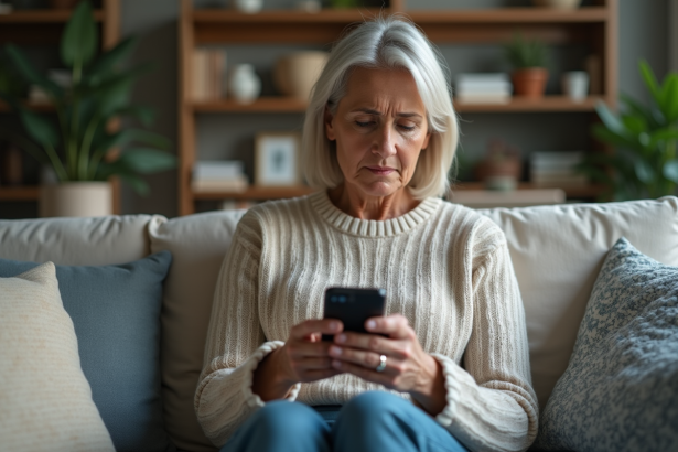 Femme assise sur un canapé regardant son smartphone avec frustration