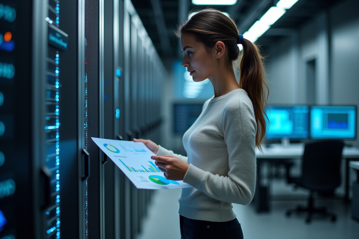Femme vérifiant des données dans une salle serveurs technologique
