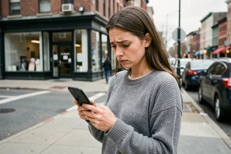 Jeune femme frustrée regardant son smartphone affichant une erreur réseau mobile non disponible dans une rue urbaine