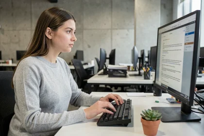 Jeune femme concentrée tapant rapidement sur un clavier mécanique lors d'un test de vitesse de frappe en 2026