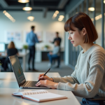 Jeune femme analysant des données sur un ordinateur portable