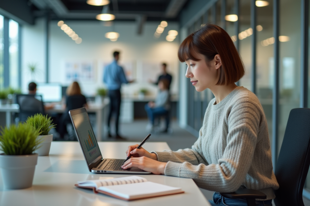 Jeune femme analysant des données sur un ordinateur portable