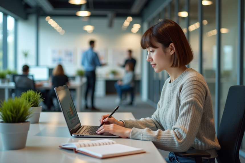 Jeune femme analysant des données sur un ordinateur portable