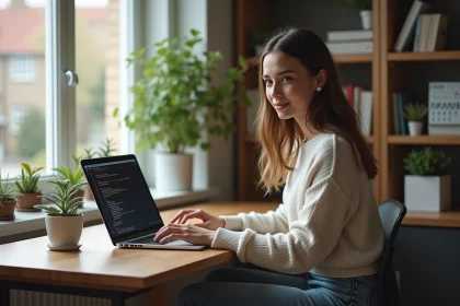 Jeune femme travaillant sur son ordinateur dans un bureau à domicile
