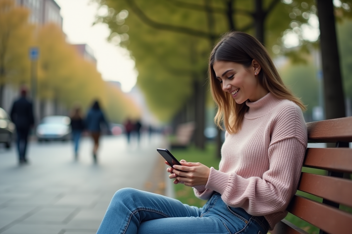 Femme en sweat pastel utilisant son smartphone dans un parc urbain