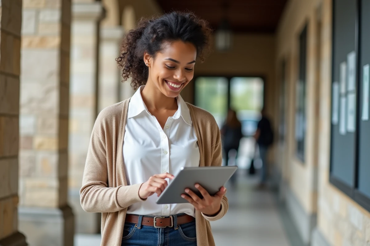 Femme souriante utilisant une tablette dans un couloir universitaire