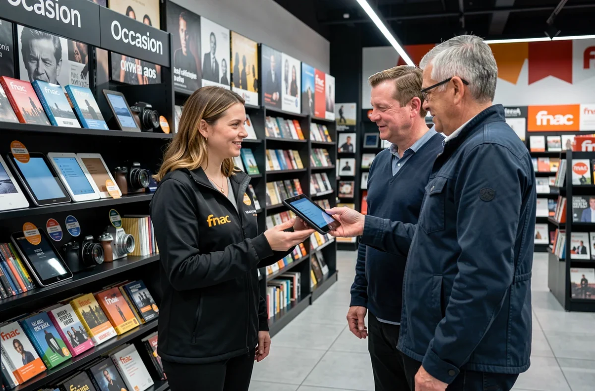 Vendeuse Fnac Tours présentant un produit reconditionné certifié à un client dans le rayon Occasion de la librairie