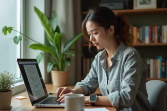 Freelance femme travaillant sur un document collaboratif en ligne dans un bureau à domicile sans logiciel bureautique payant