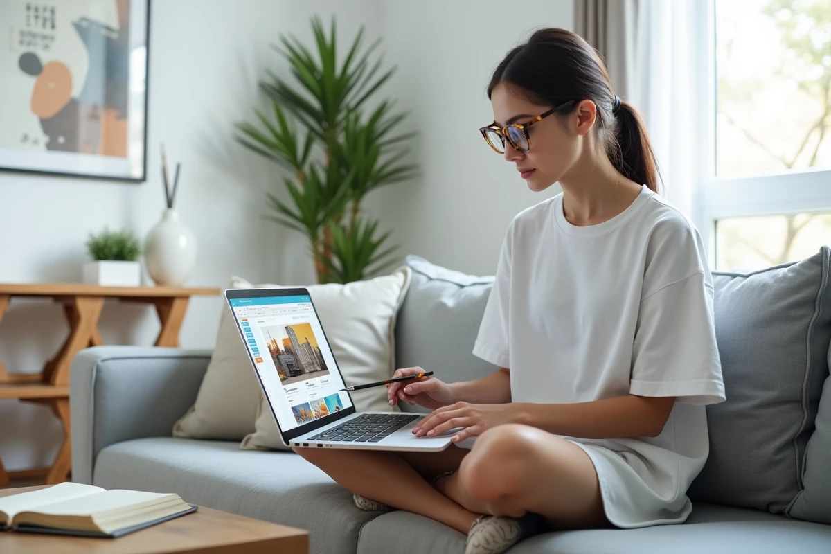 Jeune freelance utilisant une suite bureautique gratuite en ligne sur laptop depuis son appartement