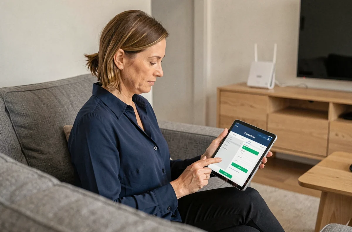 Femme gérant son compte Freebox sur une tablette dans un salon moderne