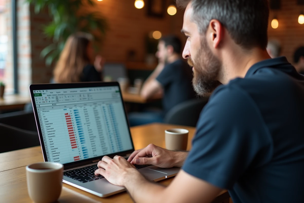 Homme travaillant sur Excel dans un café pour gérer des lignes en double dans une feuille de calcul