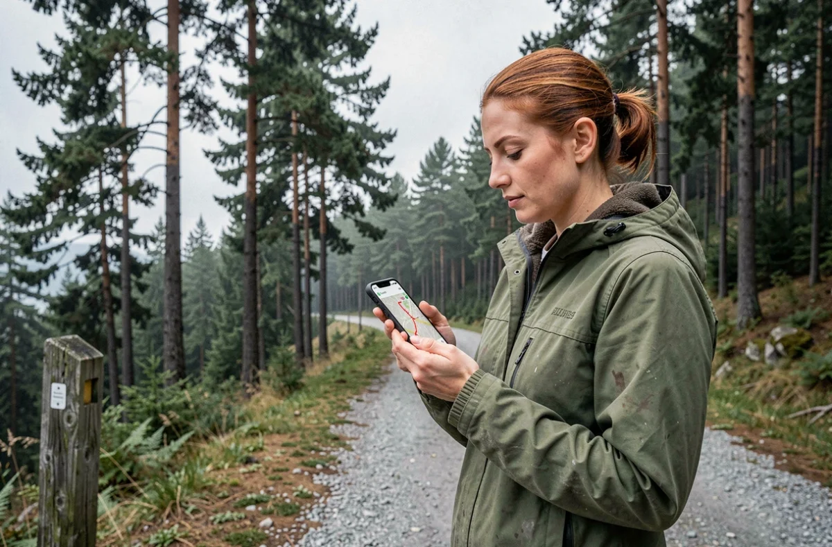 Randonneuse utilisant Google Maps avec un fichier GPX importé pour suivre un itinéraire en forêt sur smartphone