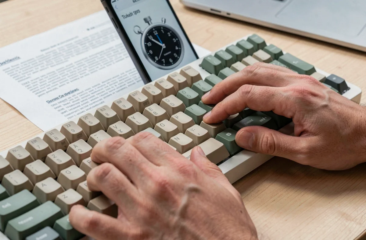 Gros plan sur des mains en train de taper sur un clavier mécanique personnalisé lors d'un test de vitesse de frappe chronométré