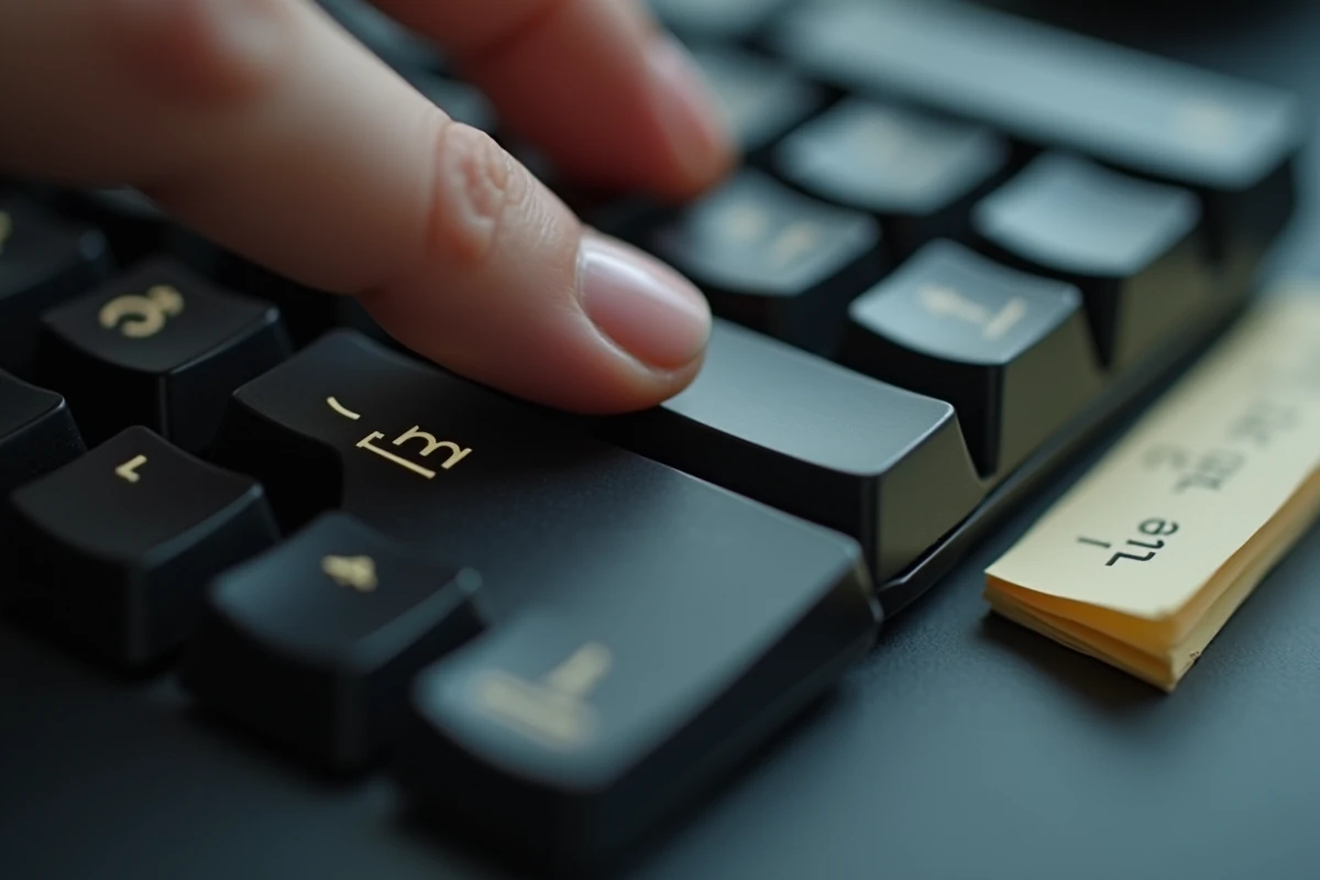 Gros plan sur les touches crochets, accolades et chevrons d'un clavier AZERTY français avec doigt posé dessus