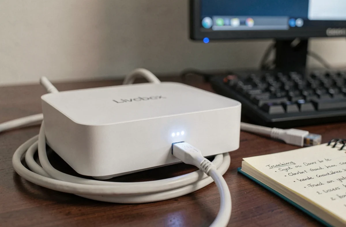 Gros plan sur le voyant blanc clignotant d'une Livebox posée sur un bureau