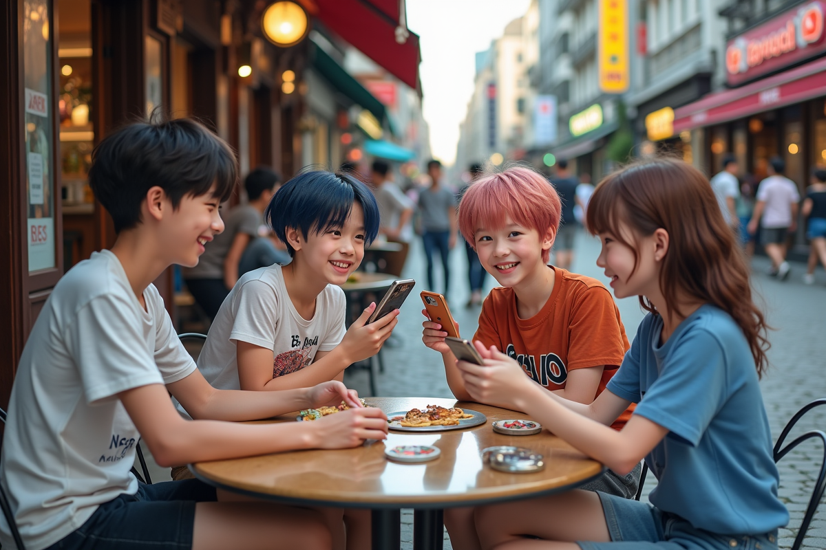 Groupe dados discutant anime au cafe urbain