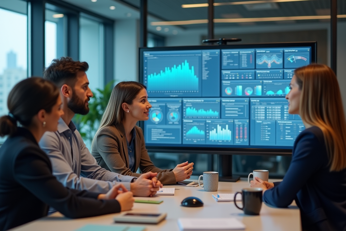 Trois collègues discutent autour d un grand écran numérique